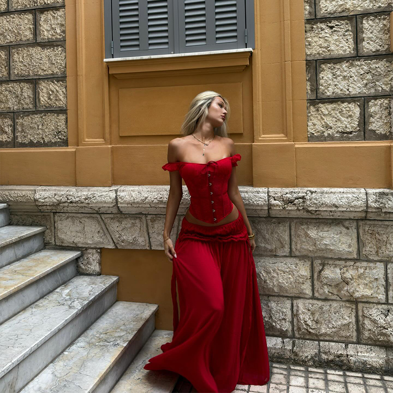 Chic Red Off Shoulder Corset T - Summer Clothing Vacation のレビューと価格