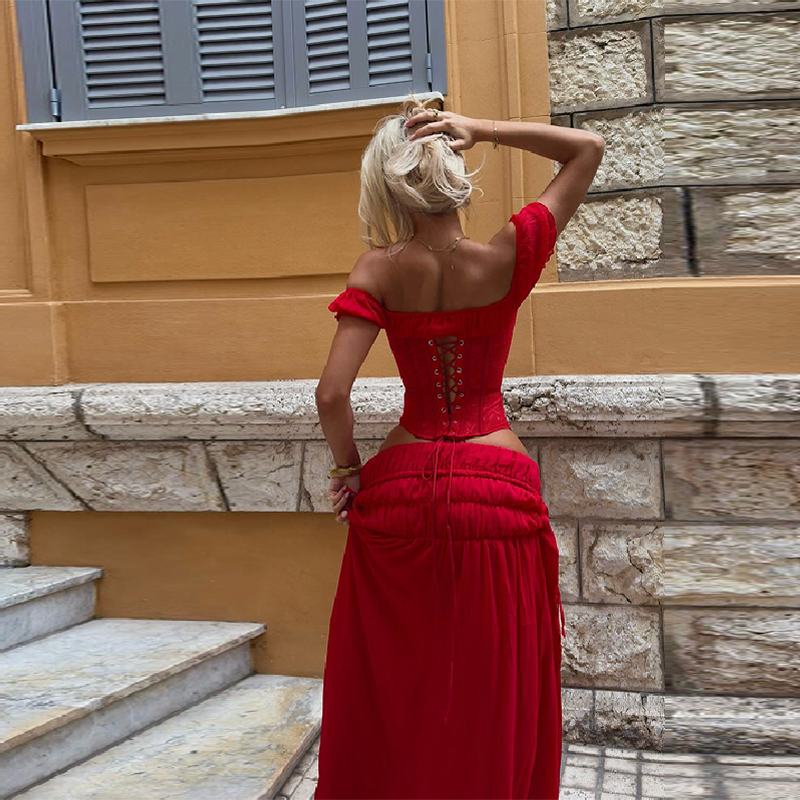 Chic Red Off Shoulder Corset T - Summer Clothing Vacation のレビューと価格