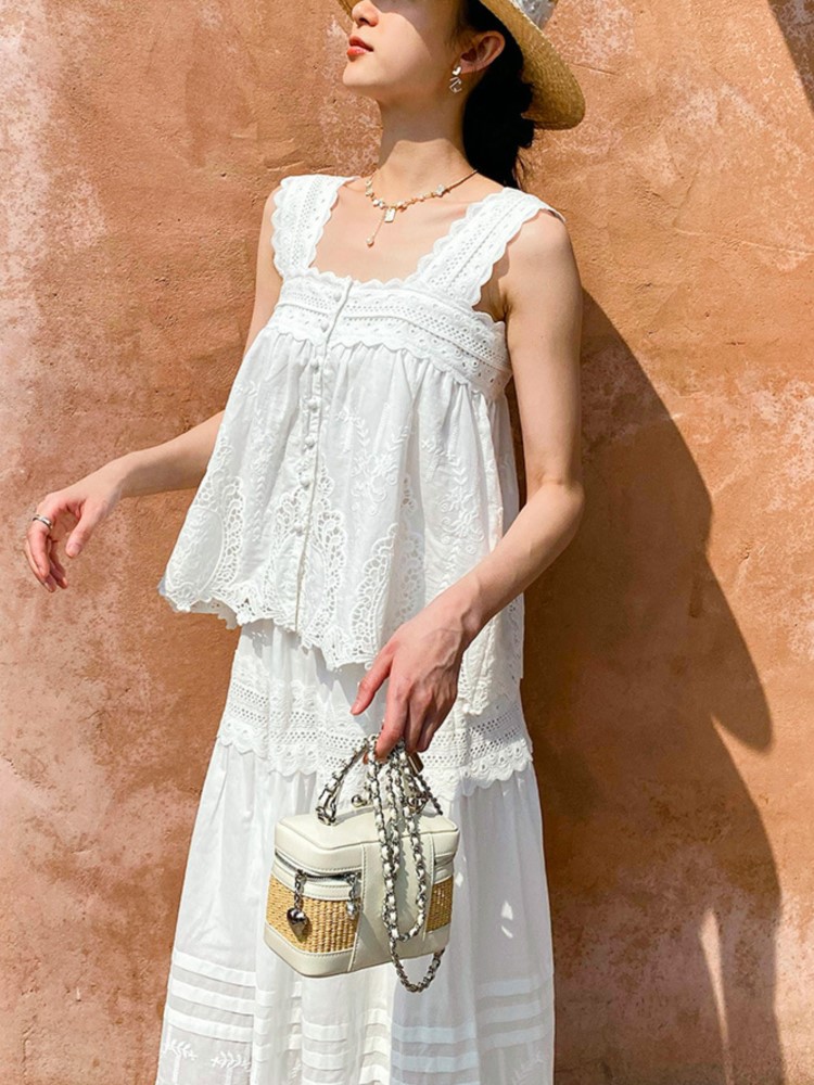 Bohemian White Square-neck Ves - Summer Clothing Vacation のレビューと価格