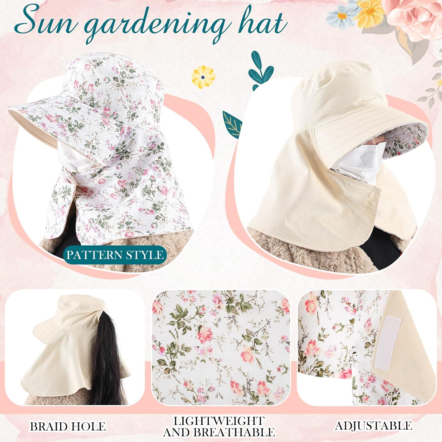 2 Pcs Floral Garden Hat for Wo - Sun Hat Wide Brim のレビューと価格