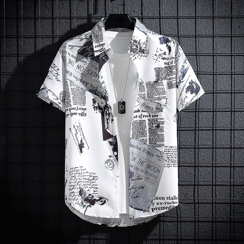 Newspaper Printed Shirt,Korean - Summer Clothing Essentials Men のレビューと価格